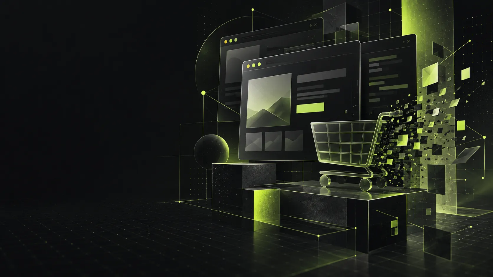 Abstract dark illustration of browser windows and a shopping cart in lime green