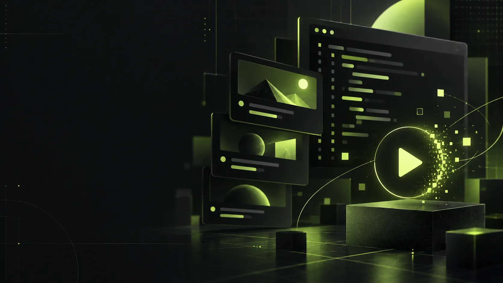 Abstract dark illustration of lesson cards and code in lime green