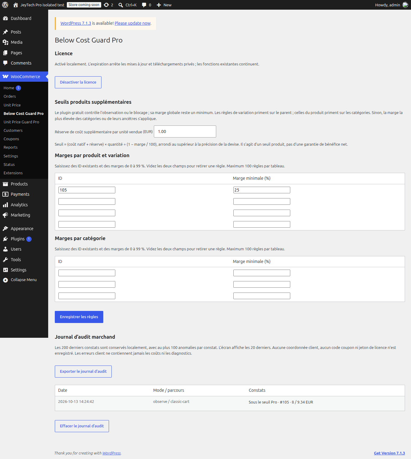 Réglages et journal Below Cost Guard Pro sur une boutique de test