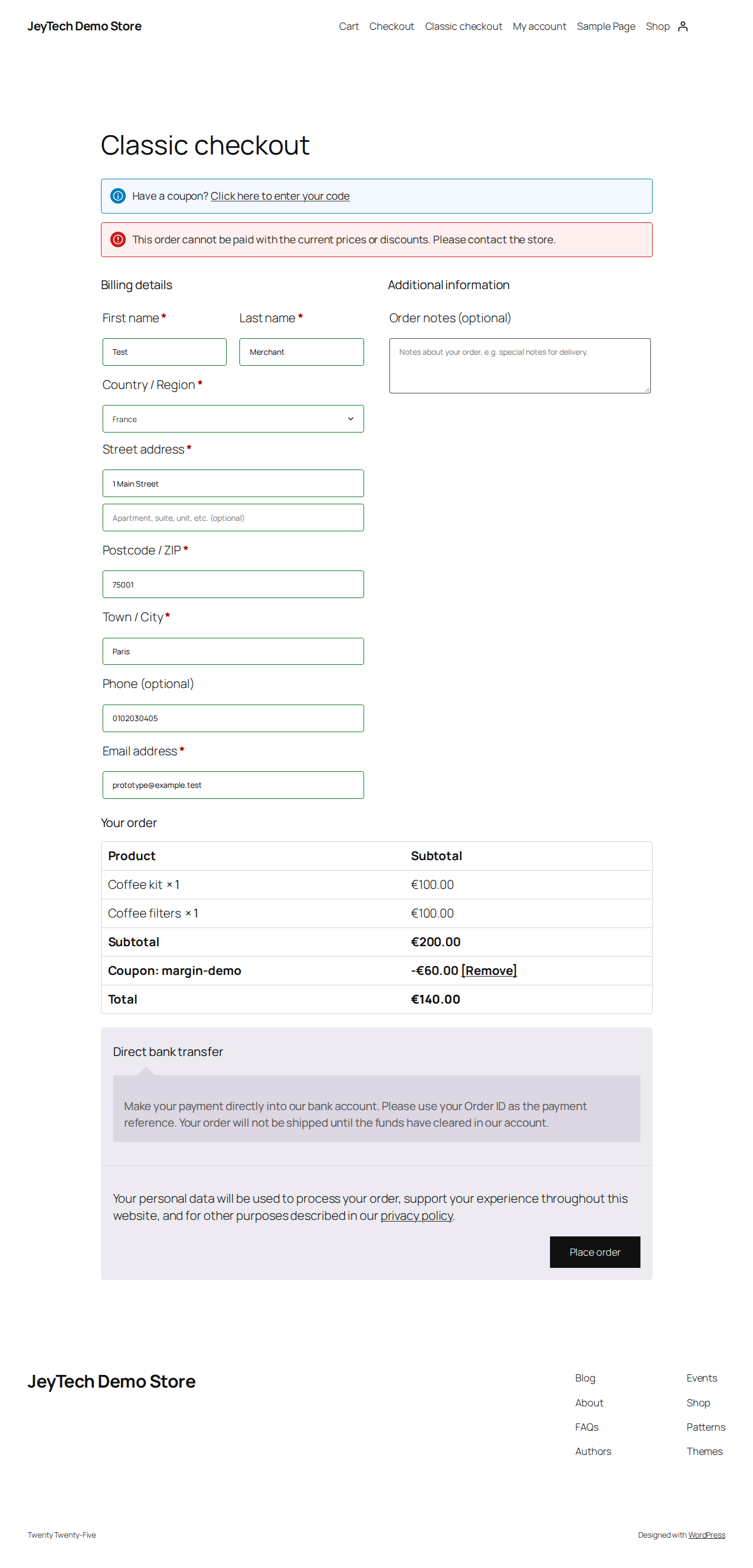 Classic checkout rejects a below-cost coupon basket