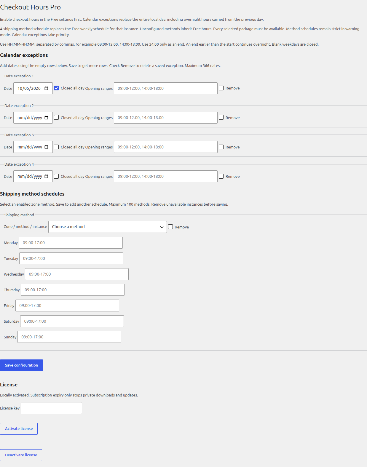 Native calendar and shipping schedule settings on a synthetically activated test store