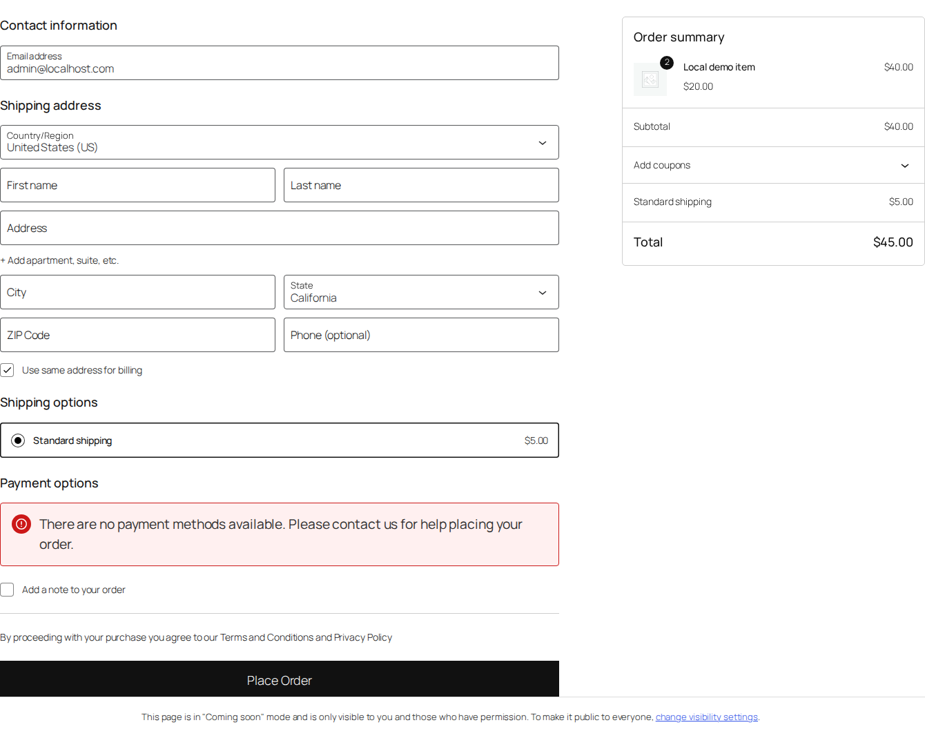 Native WooCommerce Blocks checkout with closed hours on the test store