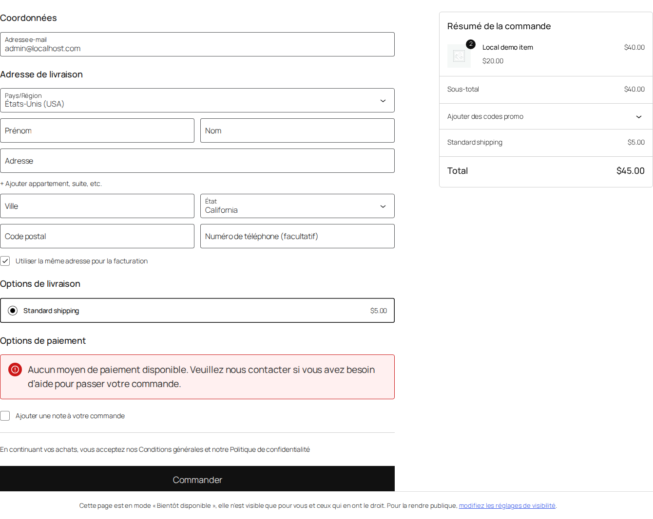 Caisse WooCommerce Blocks native avec horaires fermés sur la boutique de test