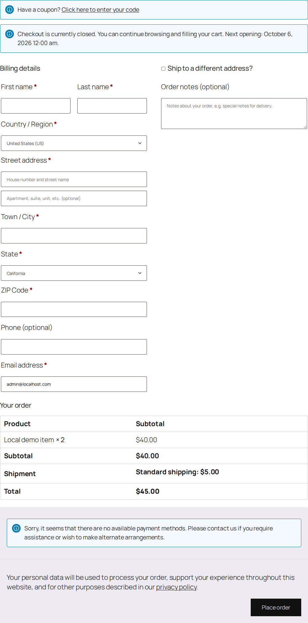 Closed-hours notice in native classic WooCommerce checkout on the test store