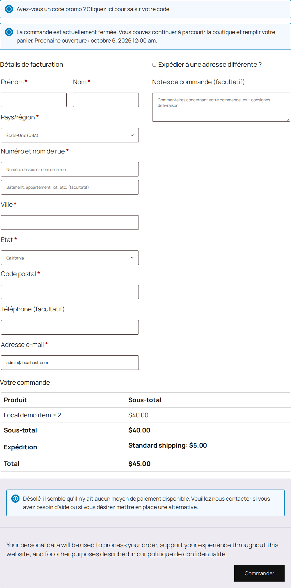 Avis de fermeture en caisse WooCommerce classique sur la boutique de test