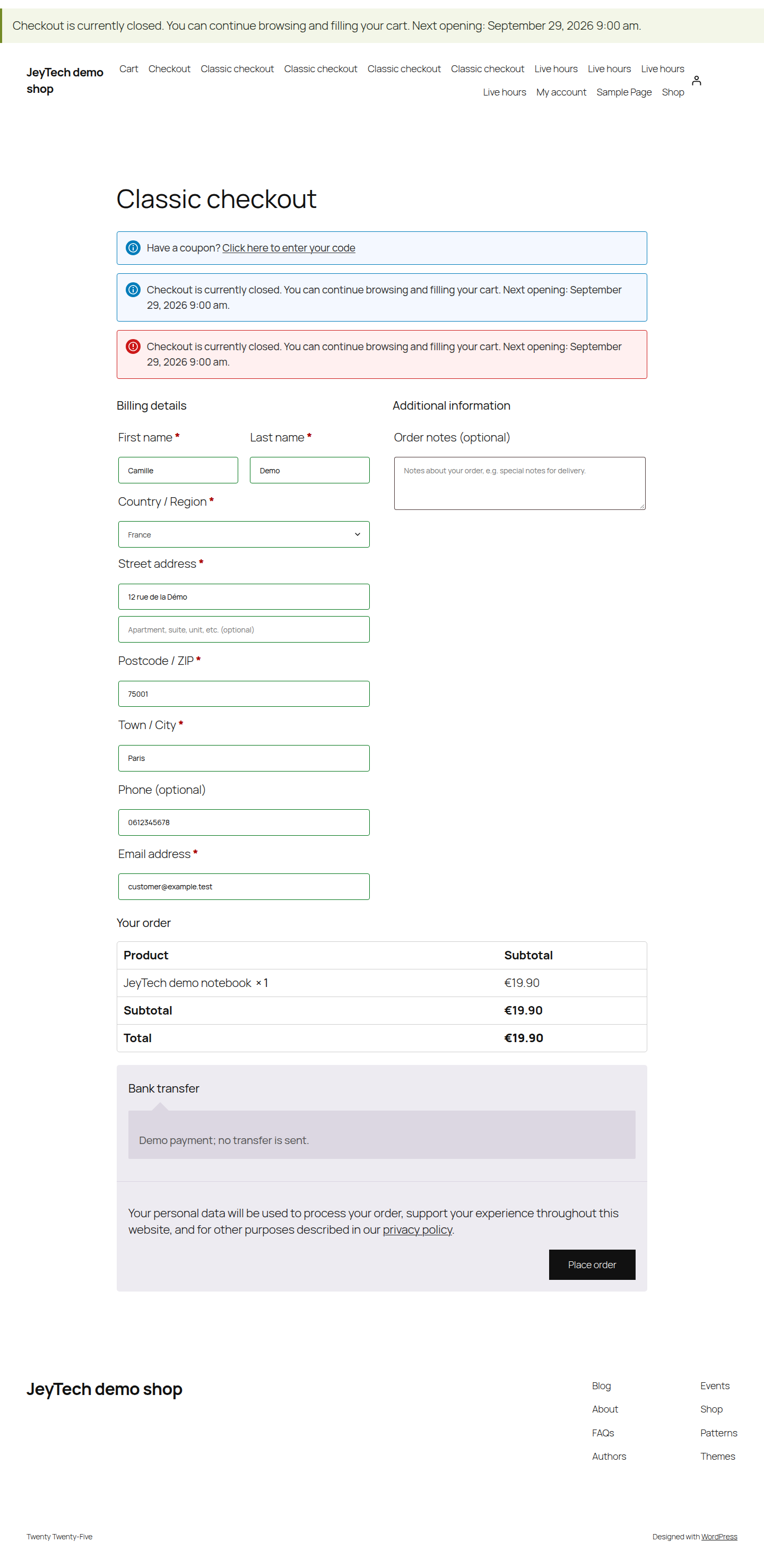 Classic checkout rejected outside hours with cart preserved