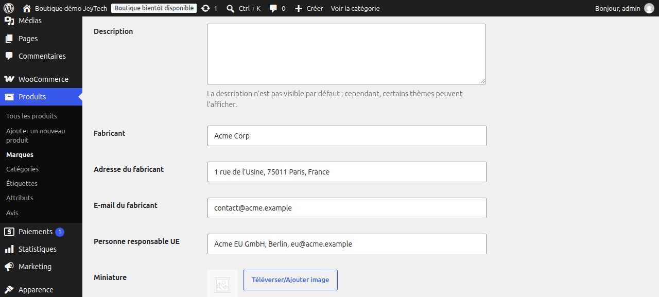 Champs fabricant de la marque dans WooCommerce