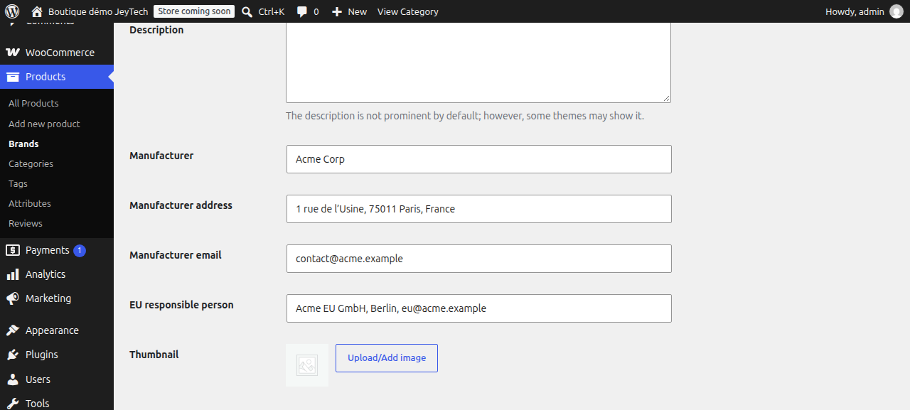 Brand manufacturer fields in WooCommerce