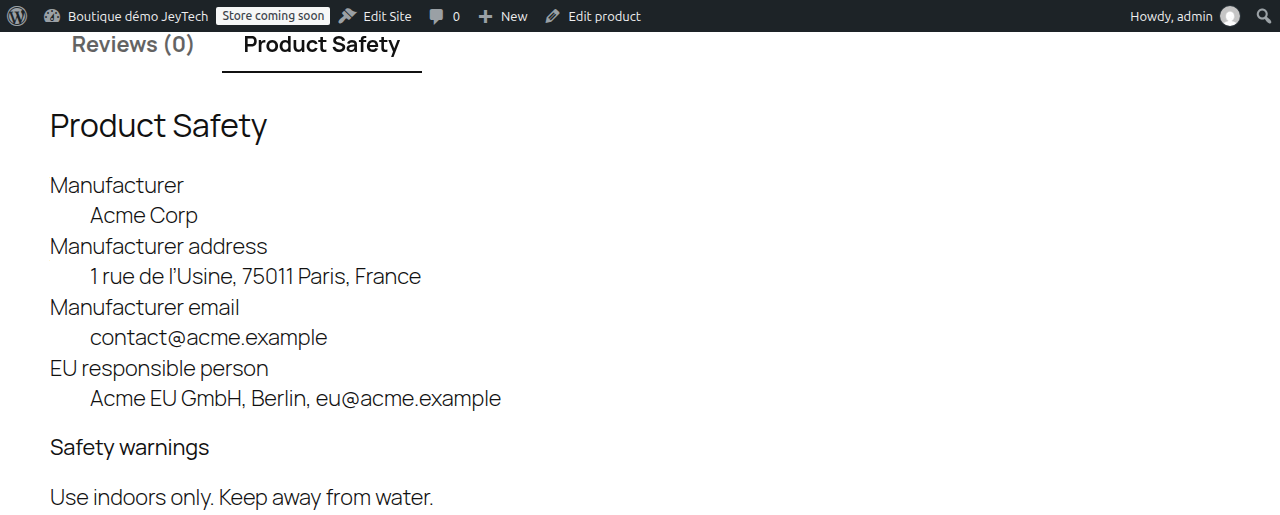 Product Safety section on a product page