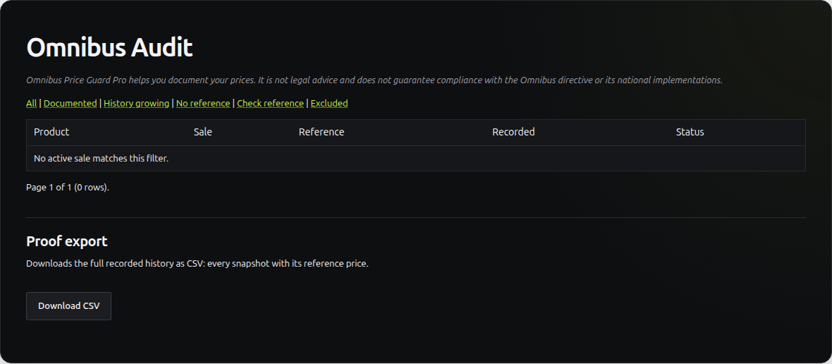 Active-sale audit and CSV export in Omnibus Price Guard Pro in English