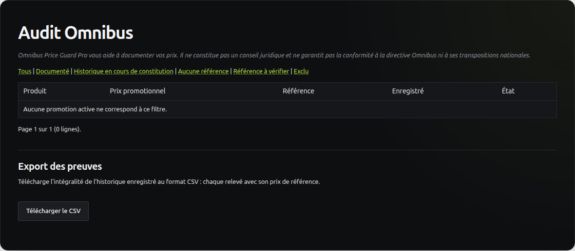 Audit des promotions et export CSV dans Omnibus Price Guard Pro en français