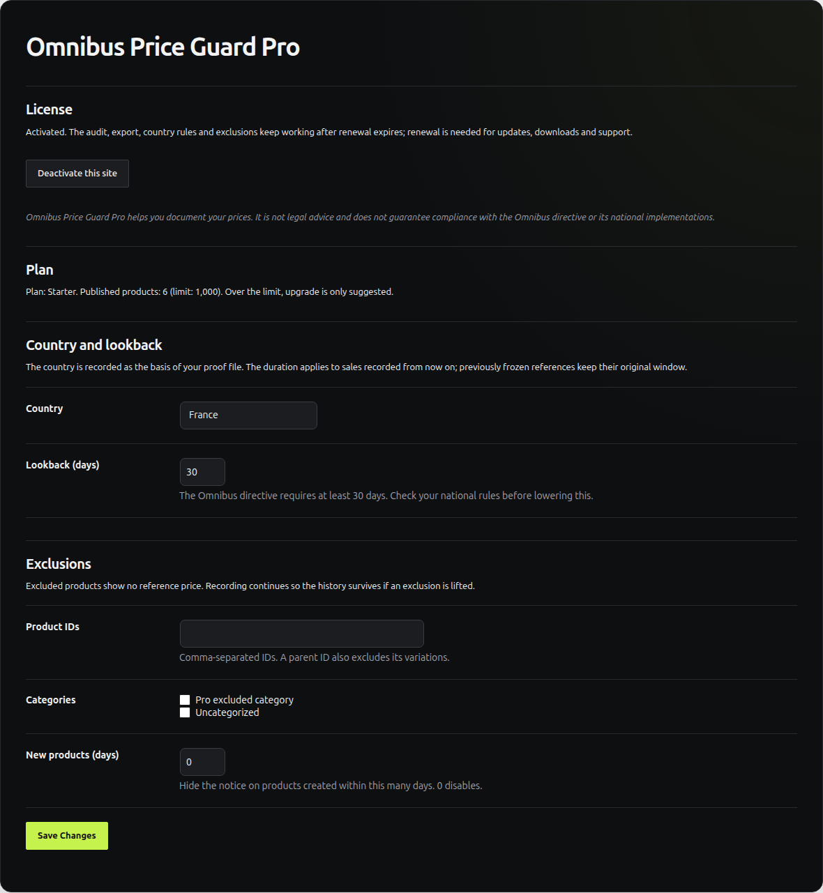 Country, reference period and exclusions in Omnibus Price Guard Pro in English