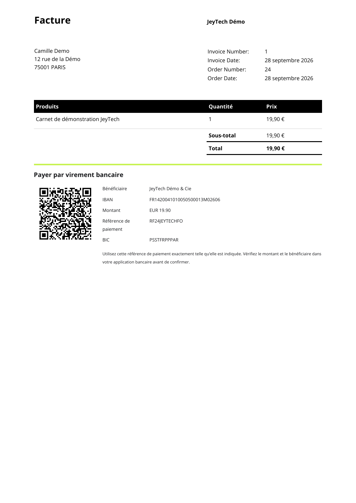 Facture WP Overnight réelle avec QR intégré et référence RF en français