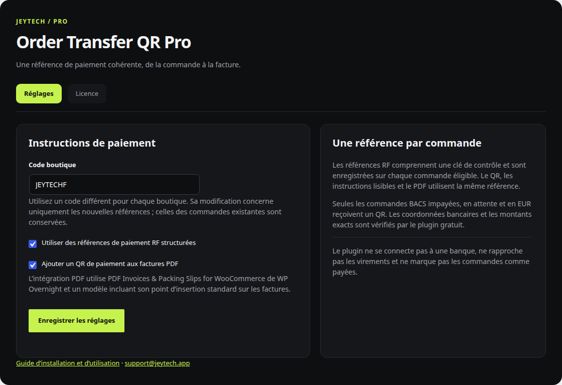 Réglages des références RF structurées et du QR PDF local en français