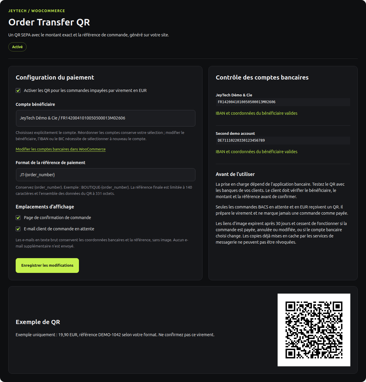 Réglages du compte bancaire et de la référence dans l’interface JeyTech