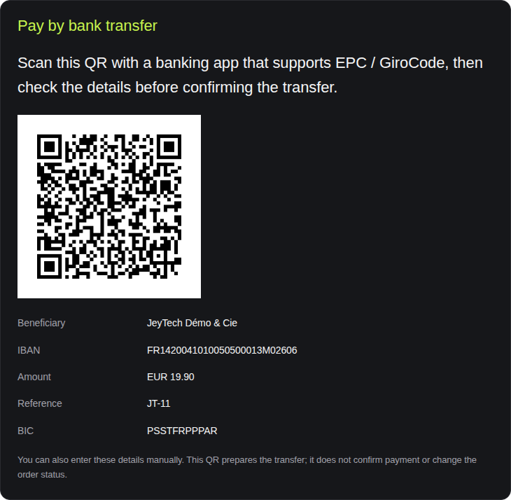 SEPA QR and readable bank details on the order confirmation