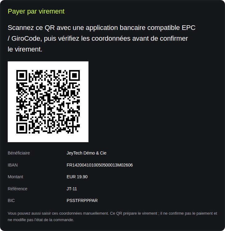 QR SEPA et coordonnées lisibles sur la confirmation de commande
