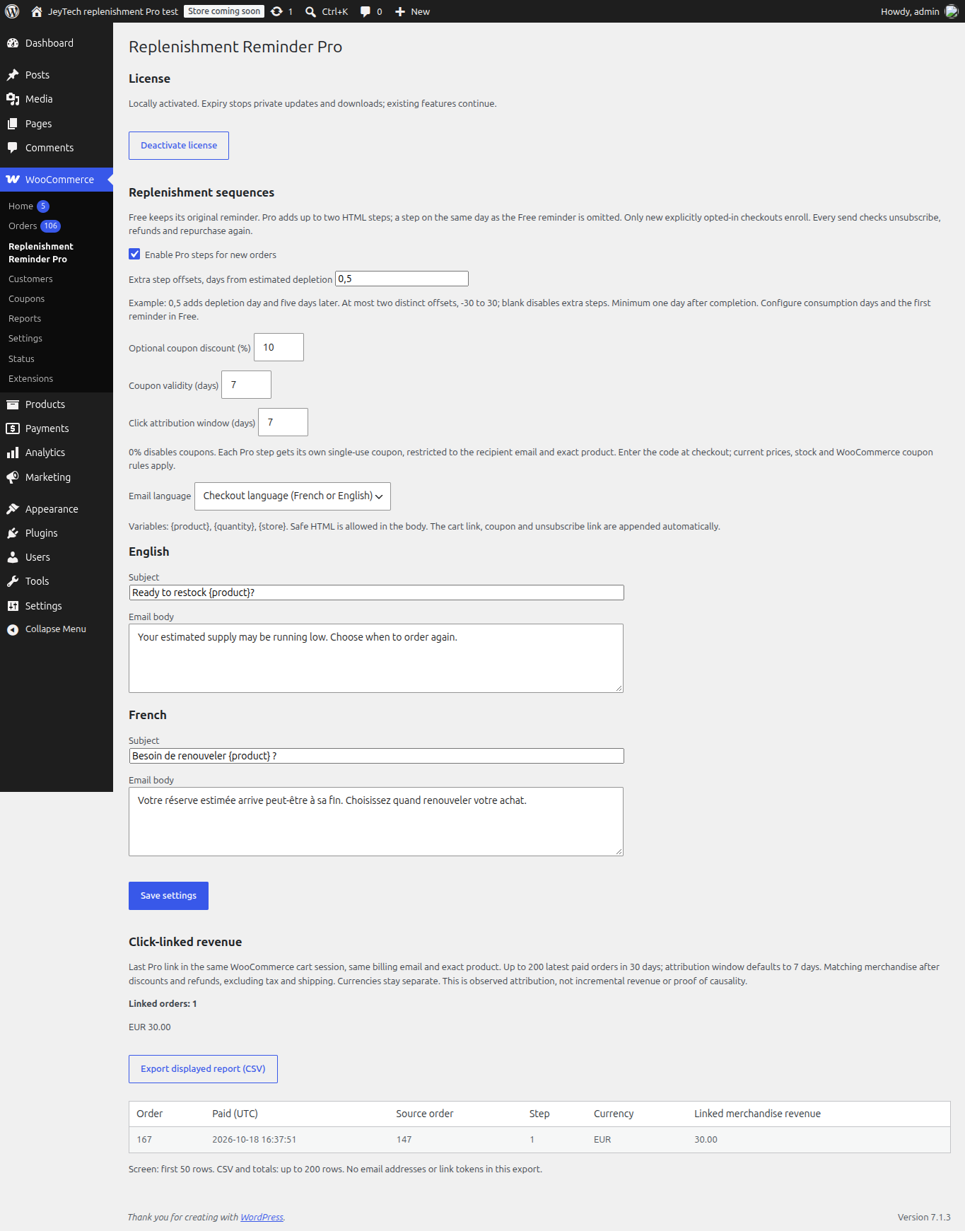Replenishment Reminder Pro settings and reporting (admin)