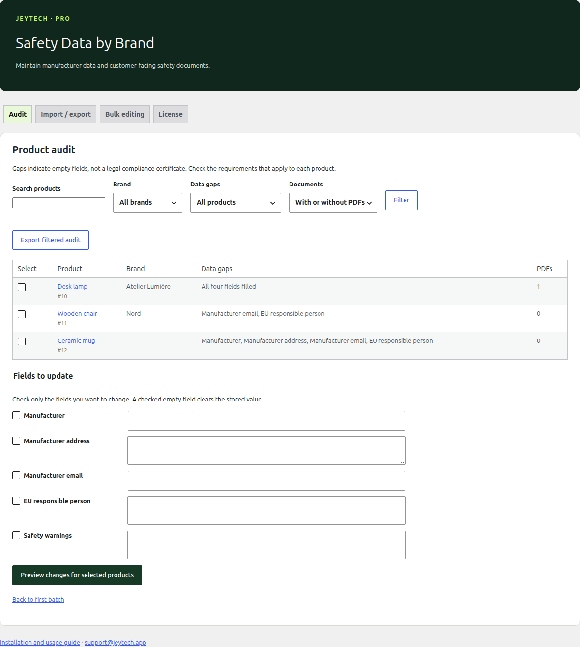 Filtered product audit in English