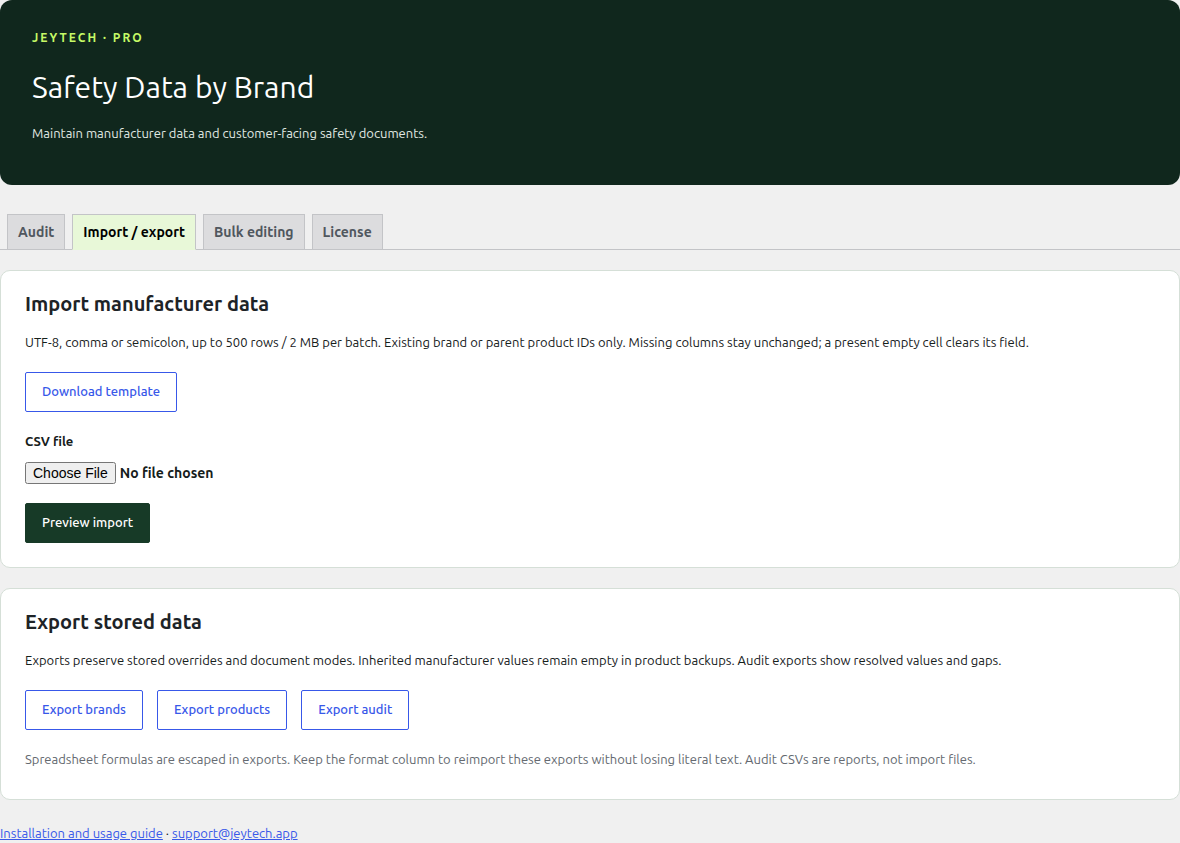 CSV import and backup export in English