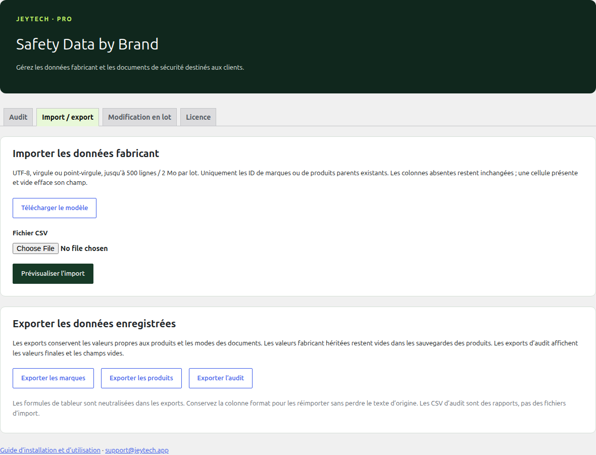 Import CSV et export de sauvegarde en français