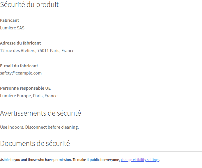 Données fabricant et liens PDF côté boutique