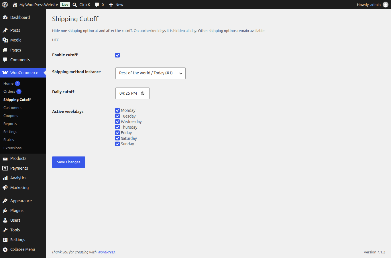 Shipping Cutoff settings in an existing English demonstration