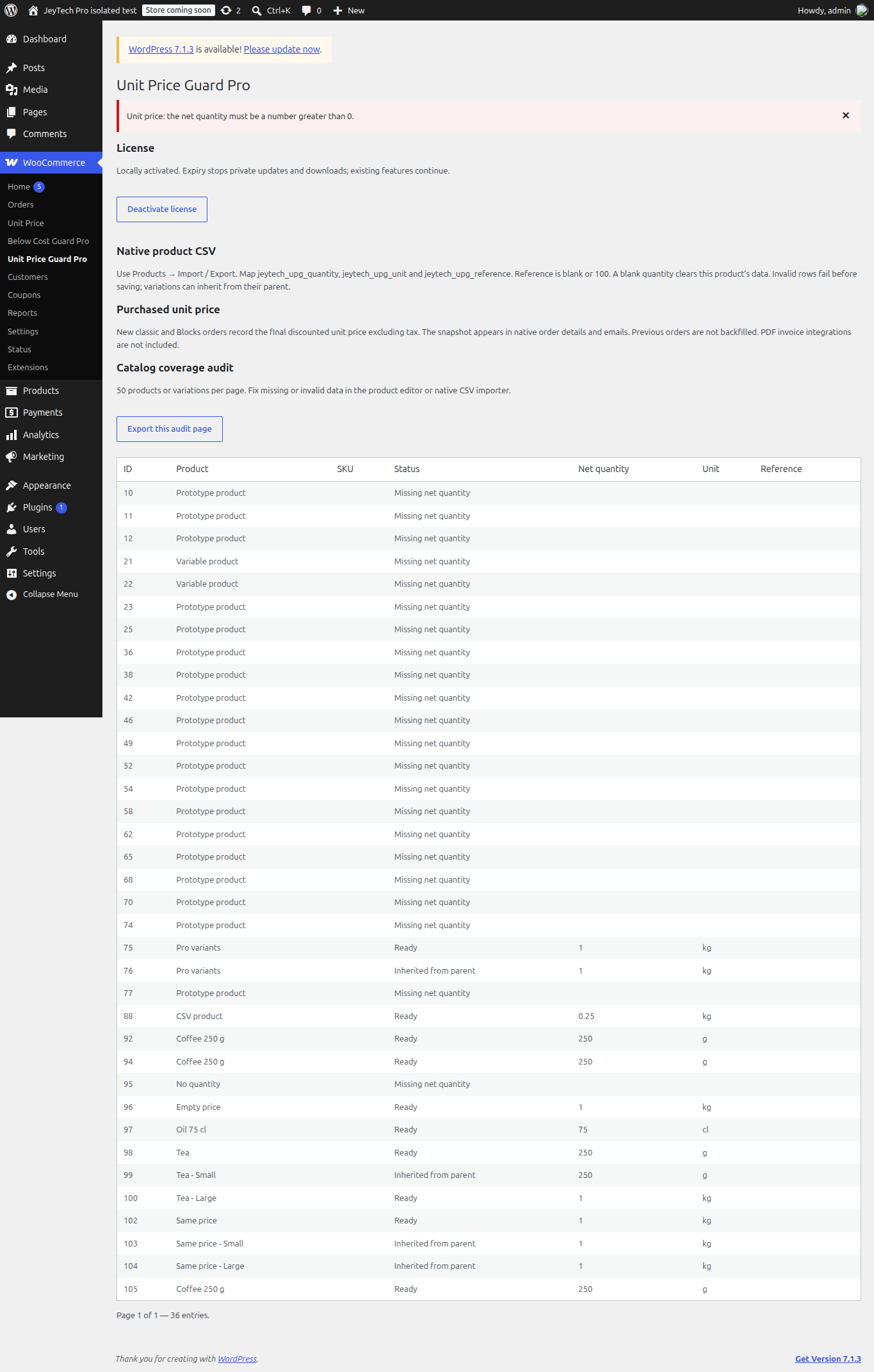 Unit Price Guard Pro catalog audit on a test store