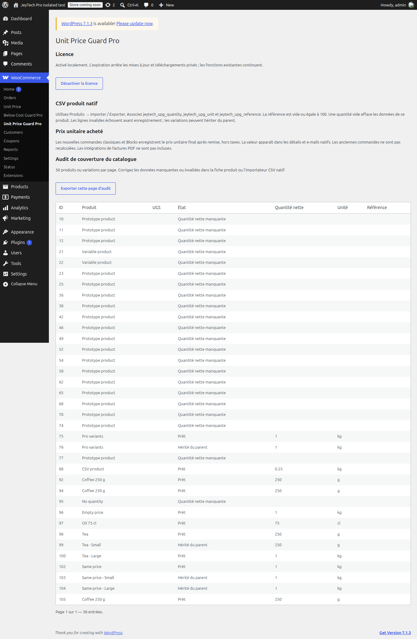Audit du catalogue Unit Price Guard Pro sur une boutique de test