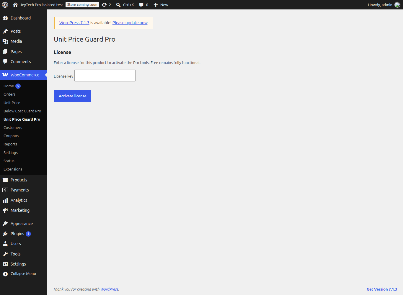 Unit Price Guard Pro license settings on a test store