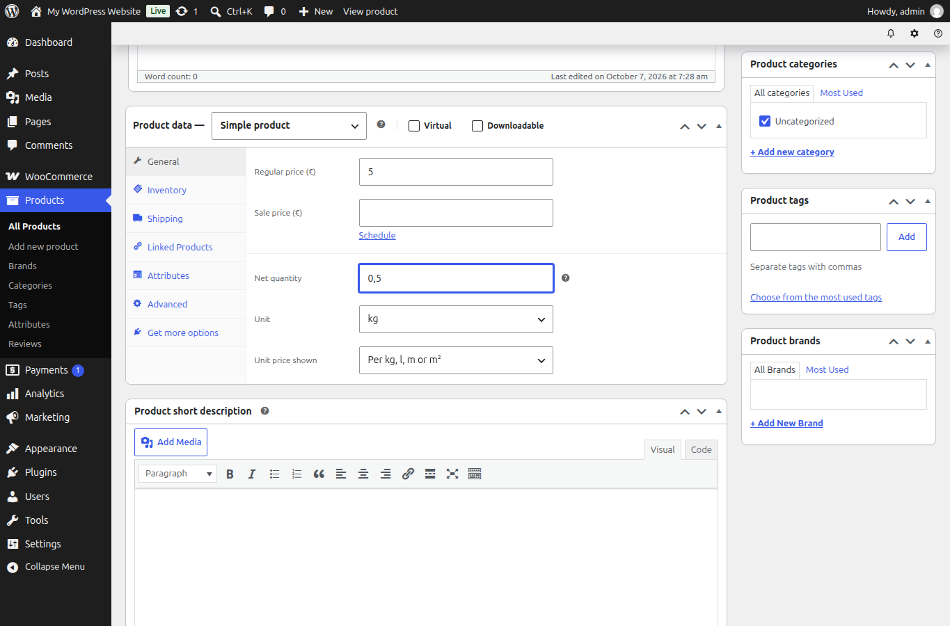 Net quantity and unit-price fields in the WooCommerce product editor