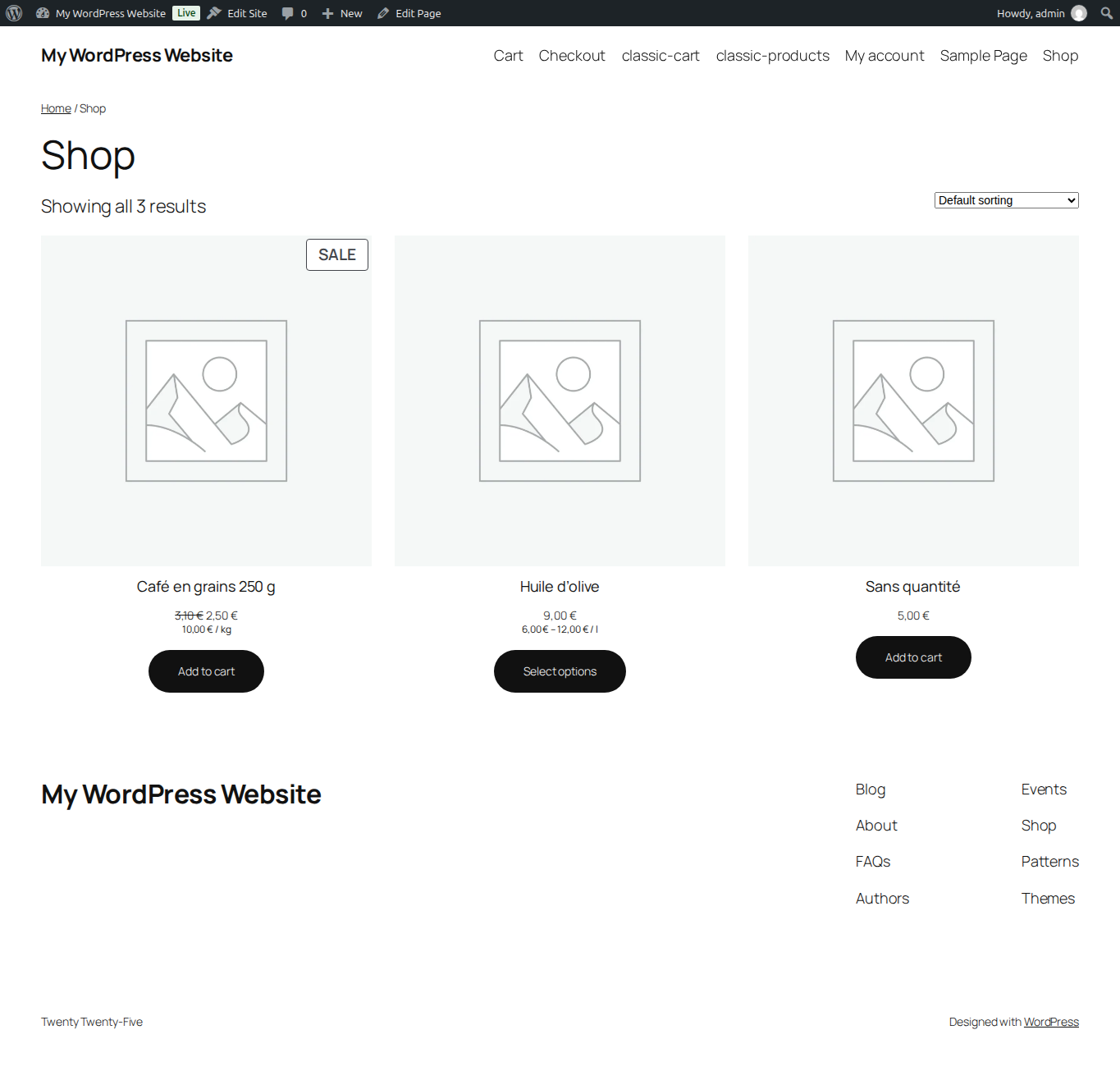 Product list showing unit prices in a block theme