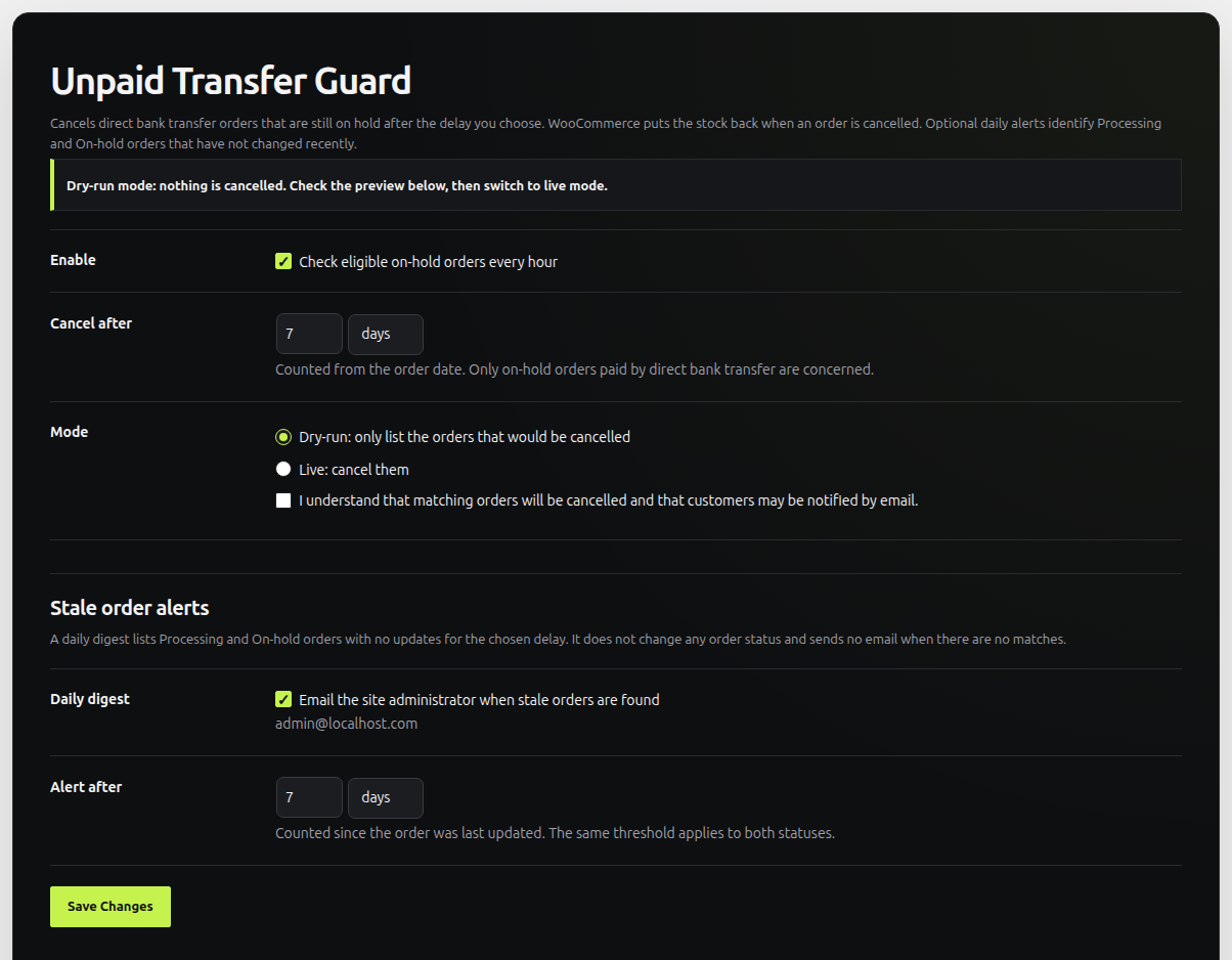 Unpaid Transfer Guard Free 3.0.0 settings in an existing English demonstration