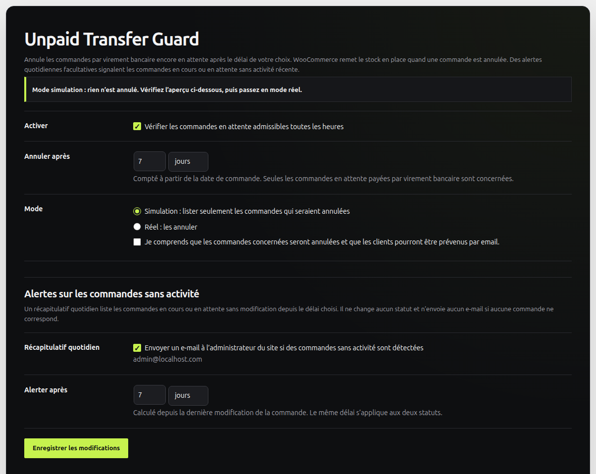 Réglages d’Unpaid Transfer Guard Free 3.0.0 dans une démonstration existante en français
