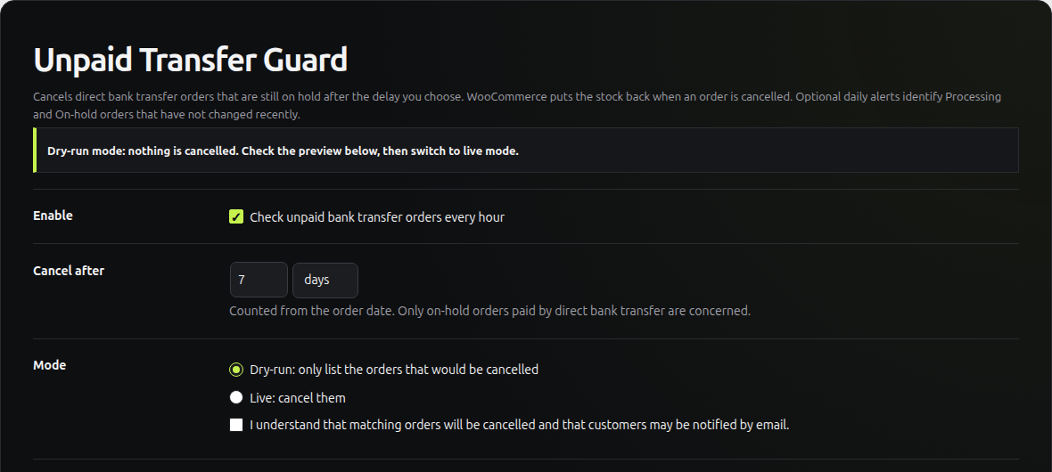 Delay and dry-run settings in WooCommerce